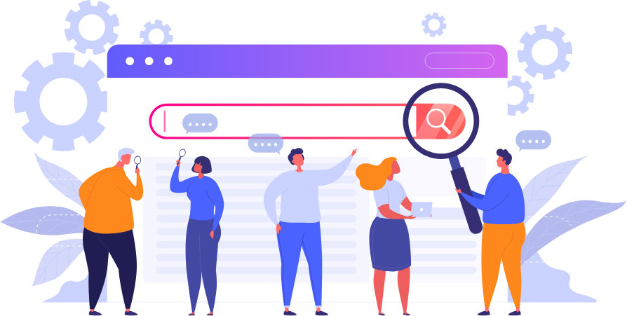 Illustration of a business team reviewing an online search