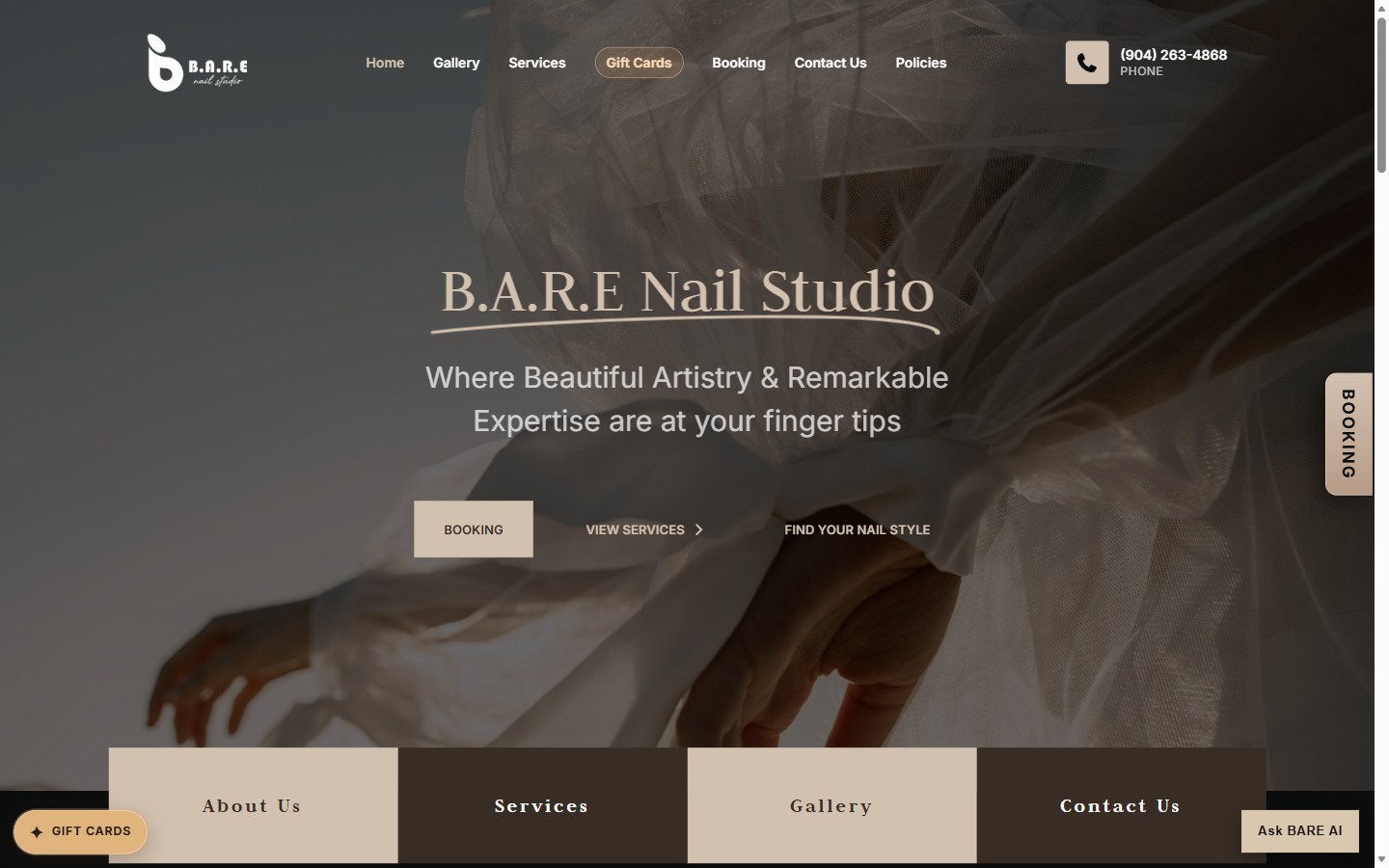 B.A.R.E Nail Studio website, captured from its live homepage
