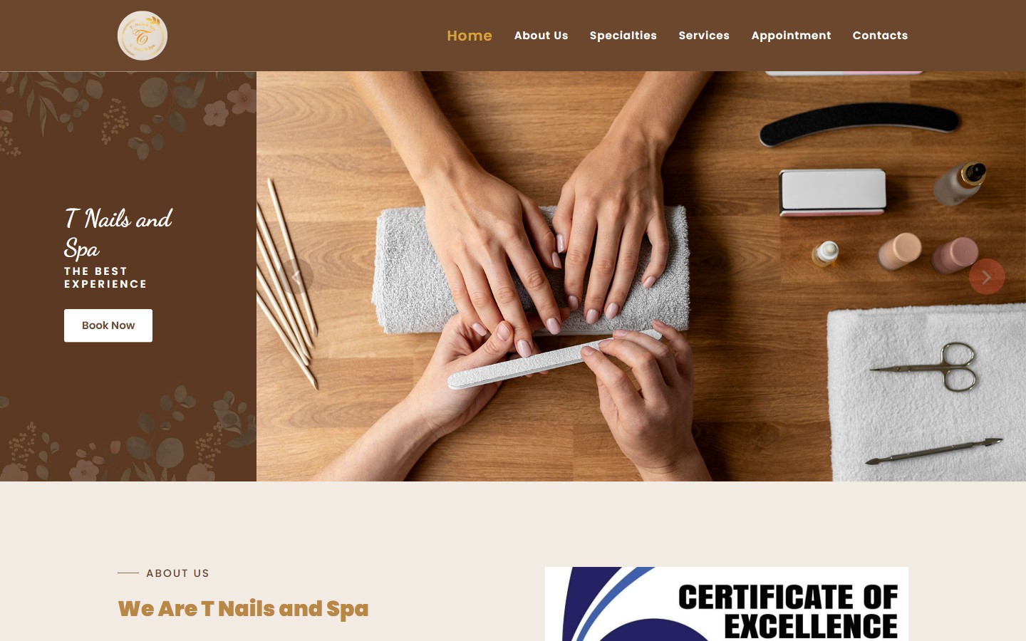 T Nails and Spa website, captured from its live homepage